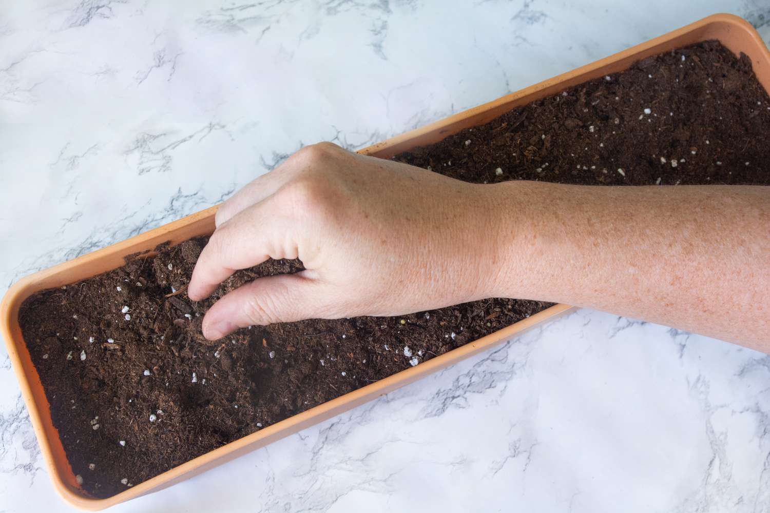 Milieu de culture mélangé à l'intérieur d'un long récipient de jardin brun